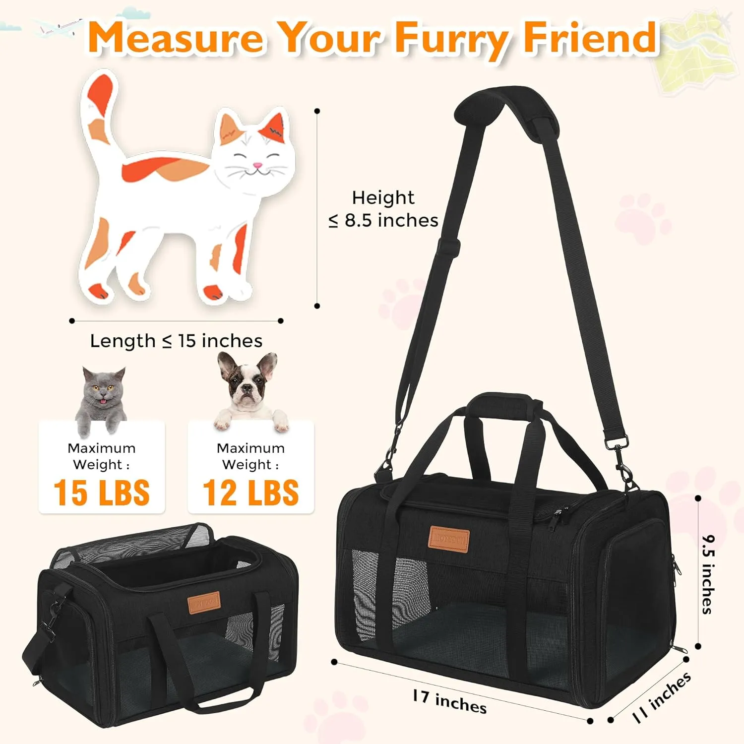 PETUX TSA Approved Pet Carrier in Cabin, 17"x11"x9.5" Soft Cat Carriers for Small Cats and Dogs Up to 15 Lbs, Top Open Portable Pet Carrier Airline Approved with Anti-Scratch Mesh for Travel, Black