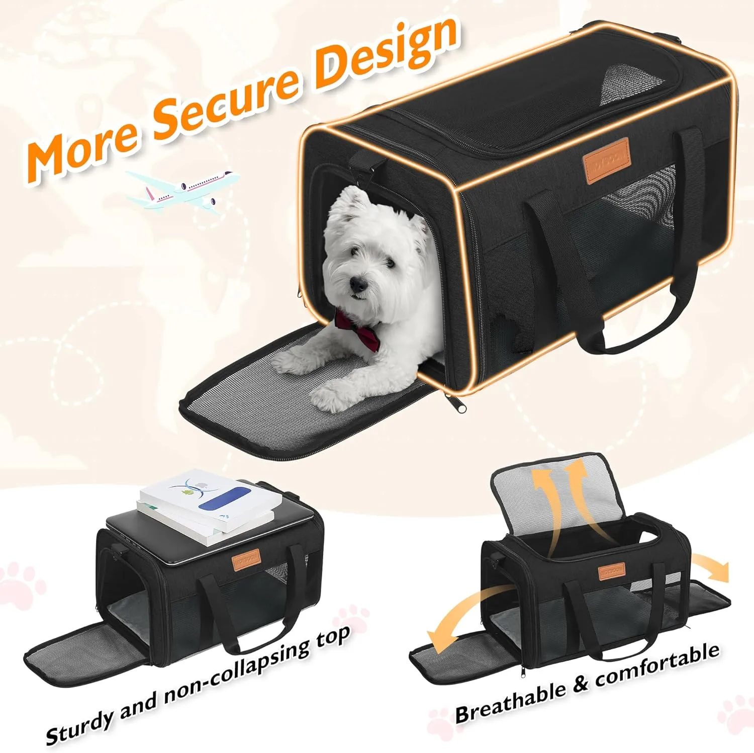 PETUX TSA Approved Pet Carrier in Cabin, 17"x11"x9.5" Soft Cat Carriers for Small Cats and Dogs Up to 15 Lbs, Top Open Portable Pet Carrier Airline Approved with Anti-Scratch Mesh for Travel, Black