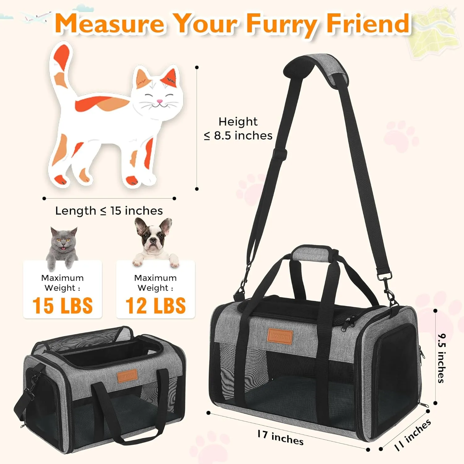 PETUX TSA Approved Pet Carrier in Cabin, 17"x11"x9.5" Soft Cat Carriers for Small Cats and Dogs Up to 15 Lbs, Top Open Portable Pet Carrier Airline Approved with Anti-Scratch Mesh for Travel, Grey