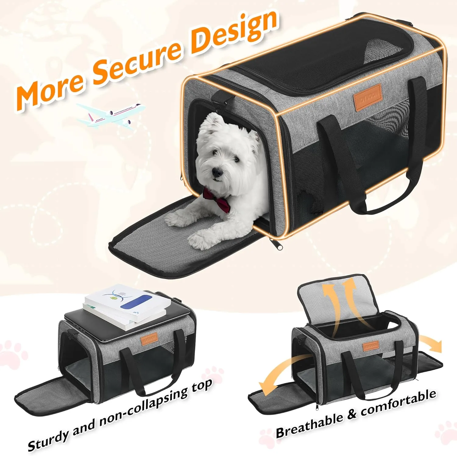 PETUX TSA Approved Pet Carrier in Cabin, 17"x11"x9.5" Soft Cat Carriers for Small Cats and Dogs Up to 15 Lbs, Top Open Portable Pet Carrier Airline Approved with Anti-Scratch Mesh for Travel, Grey
