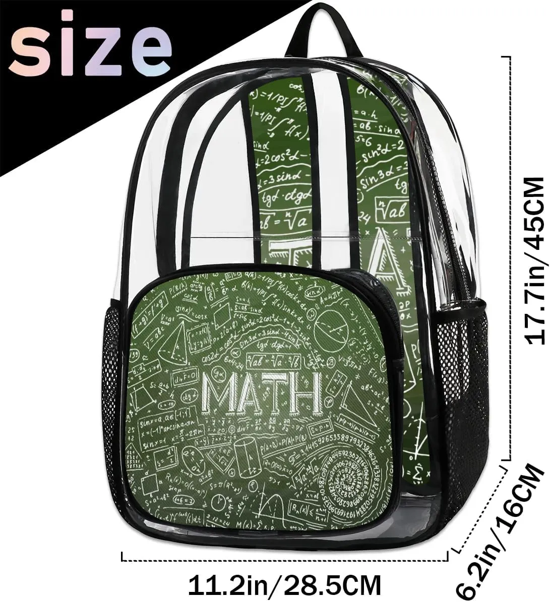 Physics Math Science Formulas Calculations Clear Backpack Stadium Approved Heavy Duty Transparent Backpack for Women Men Large PVC See Through Bag for Sports Event Concert Festival Work Travel