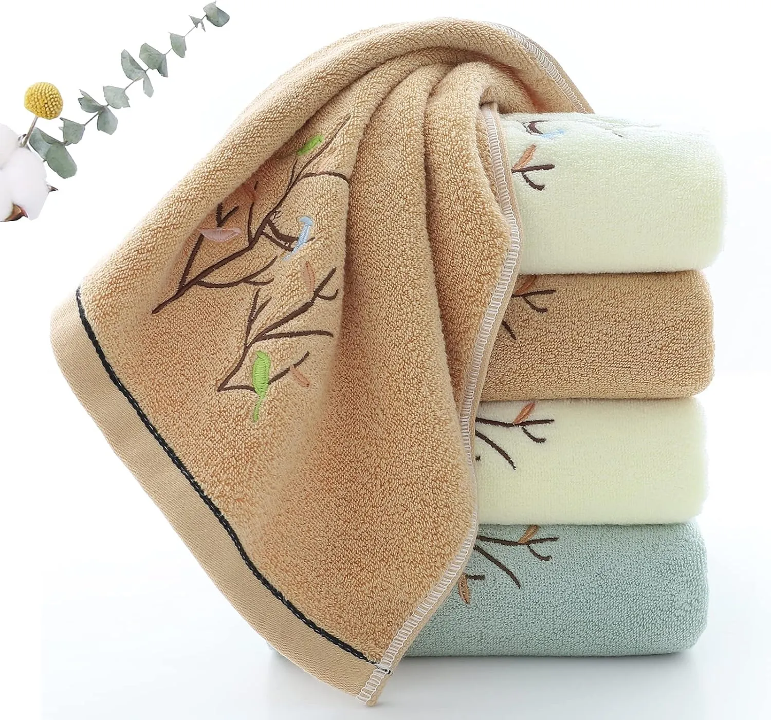 Pidada Hand Towels Set of 4 Embroidered Bird Tree Pattern 100% Cotton Absorbent Soft Decorative Towel for Bathroom (Brown)
