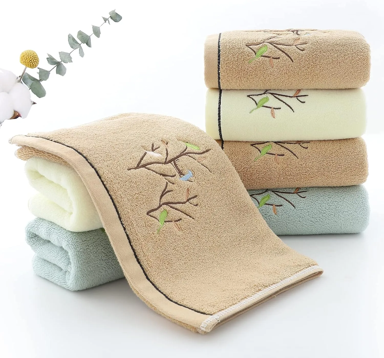 Pidada Hand Towels Set of 4 Embroidered Bird Tree Pattern 100% Cotton Absorbent Soft Decorative Towel for Bathroom (Brown)