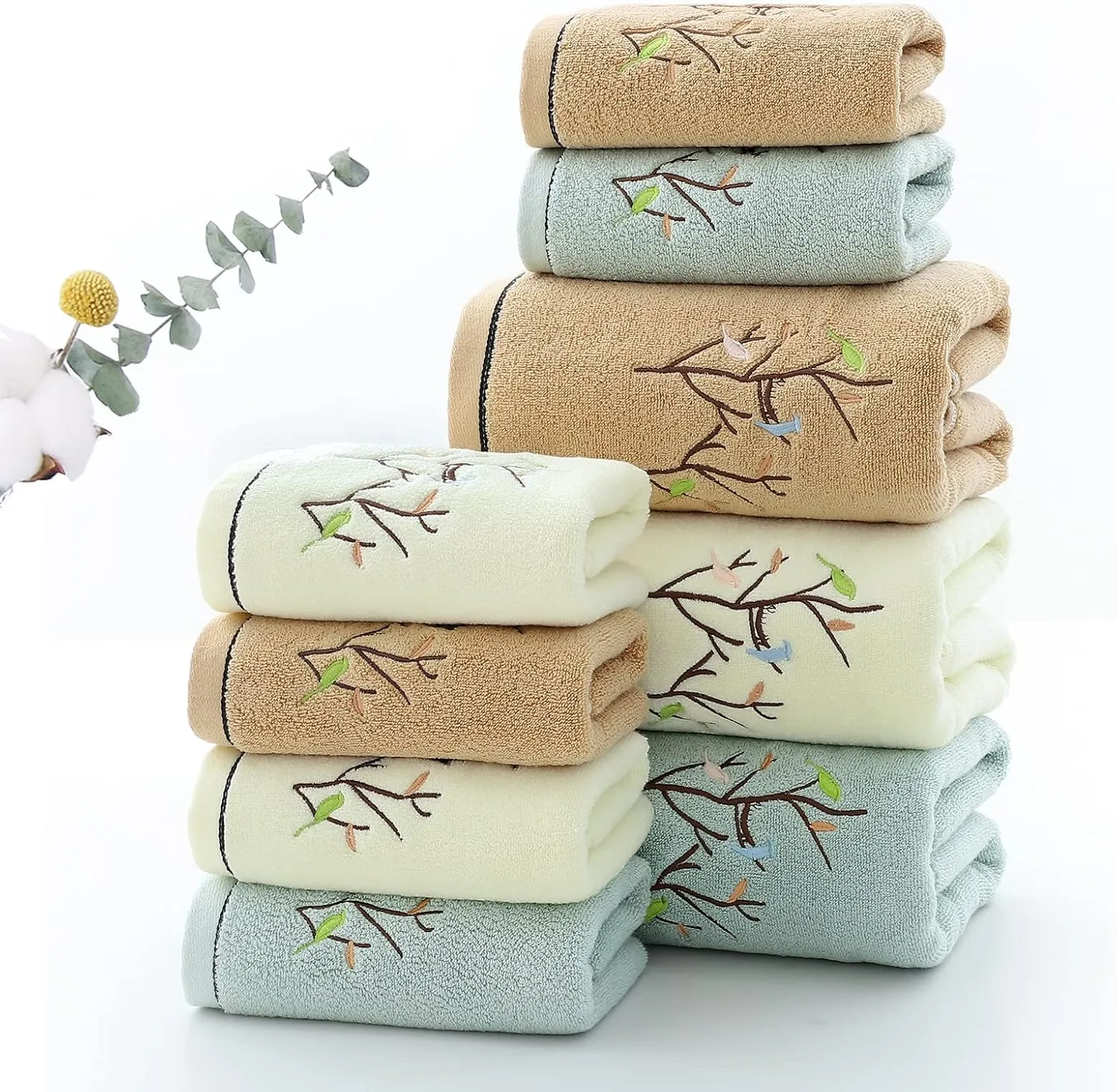 Pidada Hand Towels Set of 4 Embroidered Bird Tree Pattern 100% Cotton Absorbent Soft Decorative Towel for Bathroom (Brown)