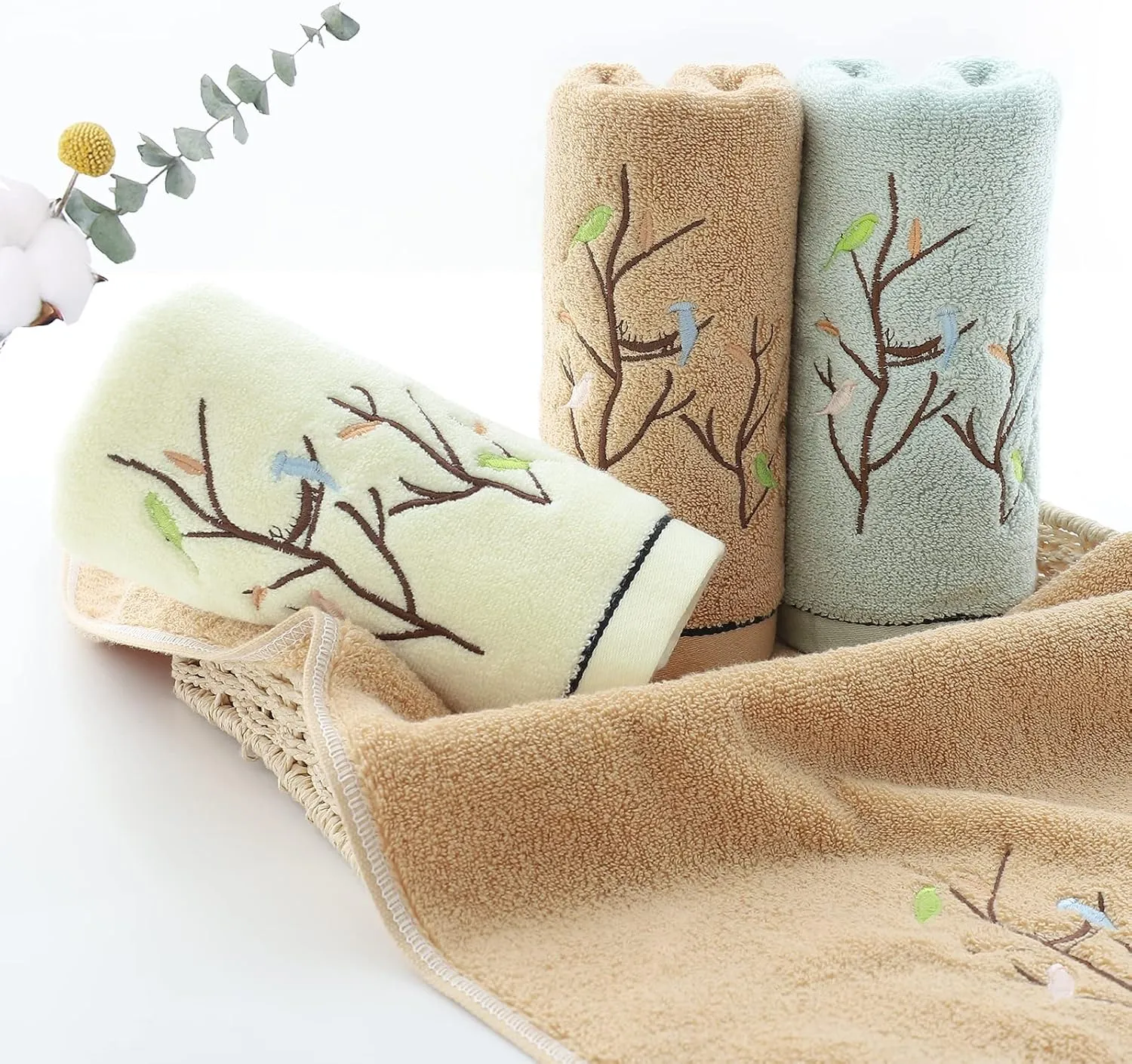 Pidada Hand Towels Set of 4 Embroidered Bird Tree Pattern 100% Cotton Absorbent Soft Decorative Towel for Bathroom (Brown)