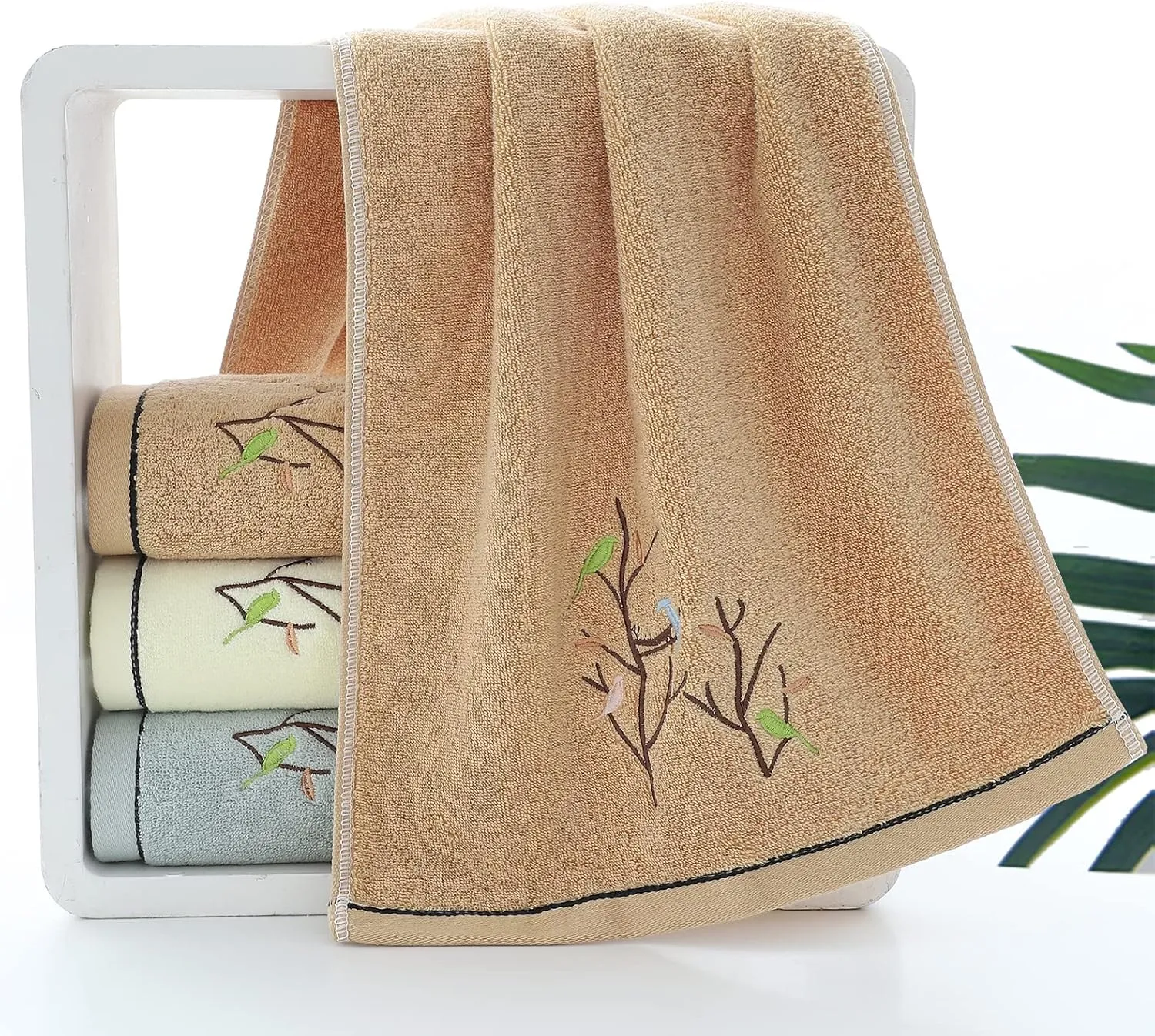 Pidada Hand Towels Set of 4 Embroidered Bird Tree Pattern 100% Cotton Absorbent Soft Decorative Towel for Bathroom (Brown)
