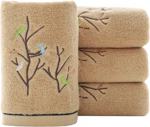 Pidada Hand Towels Set of 4 Embroidered Bird Tree Pattern 100% Cotton Absorbent Soft Decorative Towel for Bathroom (Brown)