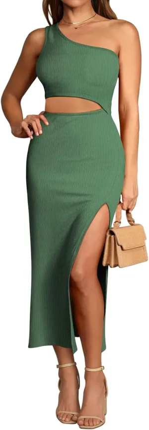 Pink Queen Women's One Shoulder Sleeveless Cutout Side Slit Bodycon Maxi Long Dress