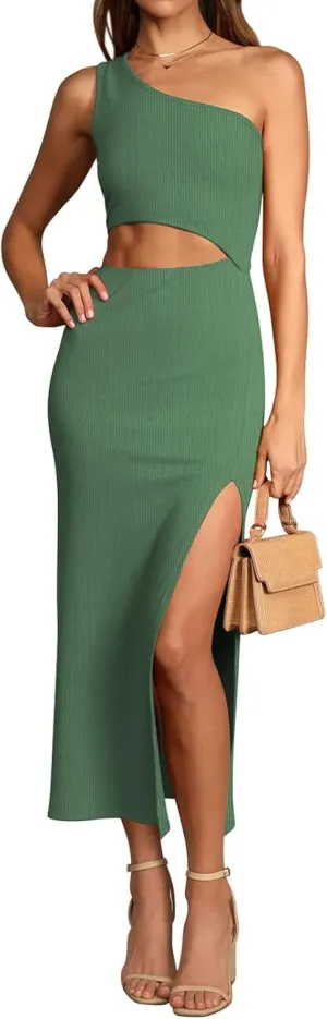 Pink Queen Women's One Shoulder Sleeveless Cutout Side Slit Bodycon Maxi Long Dress