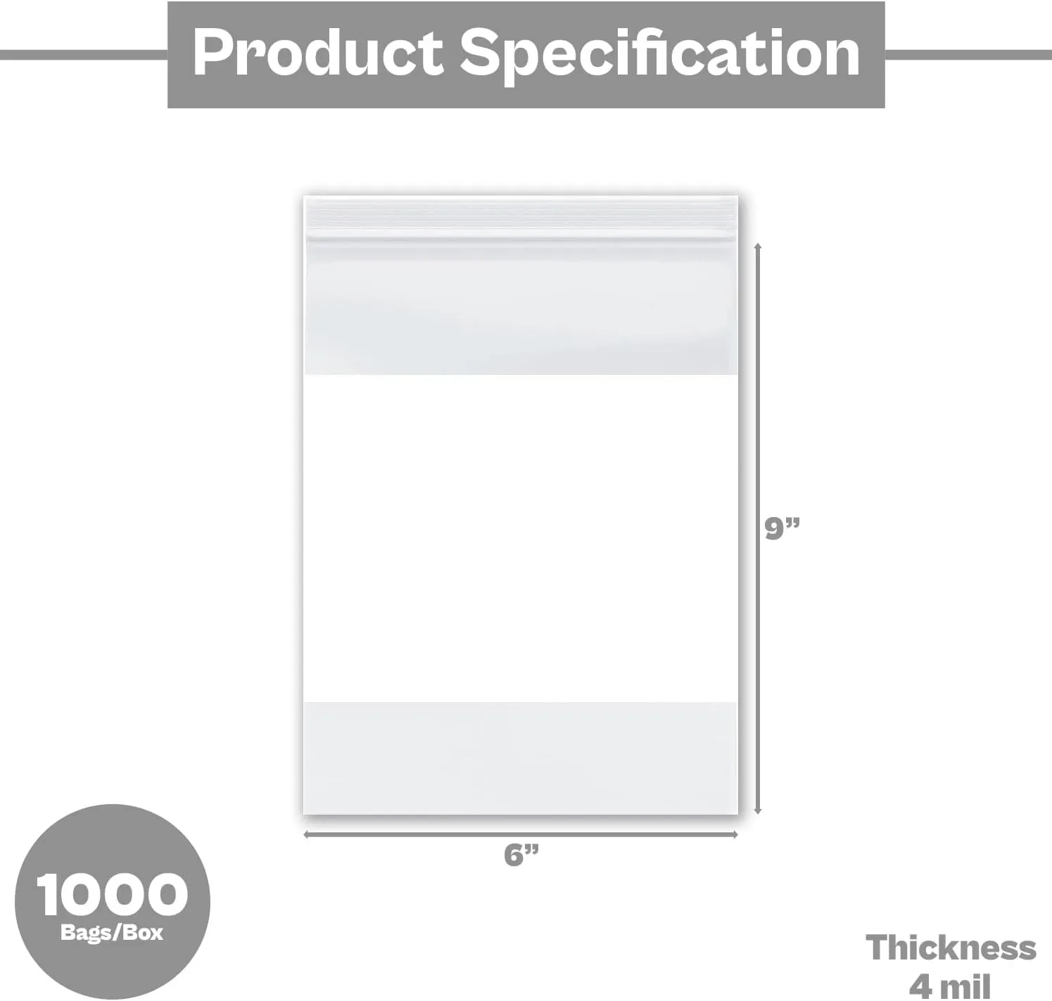 Plastic Bag, Resealable White Block Bags, Clear, 6 x 9 Inch, 4 Mil, 1000 Pack