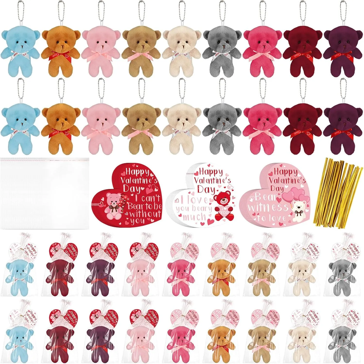 Poen 27 Pack Valentine Heart Cards with Mini Plush Bears Bulk Party Favors Valentines Gifts for Kids Keychain Toys Mini Stuffed Animal Plush Toys for Classroom Rewards Exchange Gift Party Favor