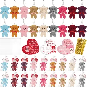 Poen 27 Pack Valentine Heart Cards with Mini Plush Bears Bulk Party Favors Valentines Gifts for Kids Keychain Toys Mini Stuffed Animal Plush Toys for Classroom Rewards Exchange Gift Party Favor