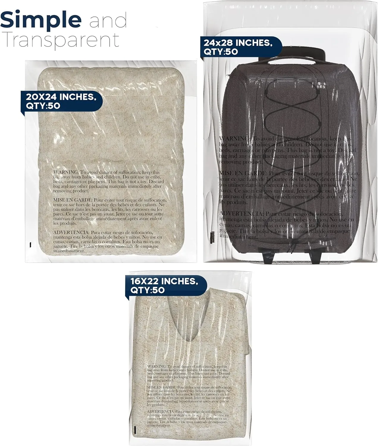 Poly Bags with Suffocation Warning 16x22, 20x24, 24x28 - X-Large Combo Pack of 150 (50 each size) - Clear Poly Bags by Retail Supply Co - Resealable