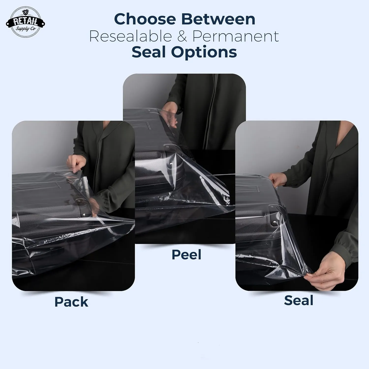 Poly Bags with Suffocation Warning 16x22, 20x24, 24x28 - X-Large Combo Pack of 150 (50 each size) - Clear Poly Bags by Retail Supply Co - Resealable