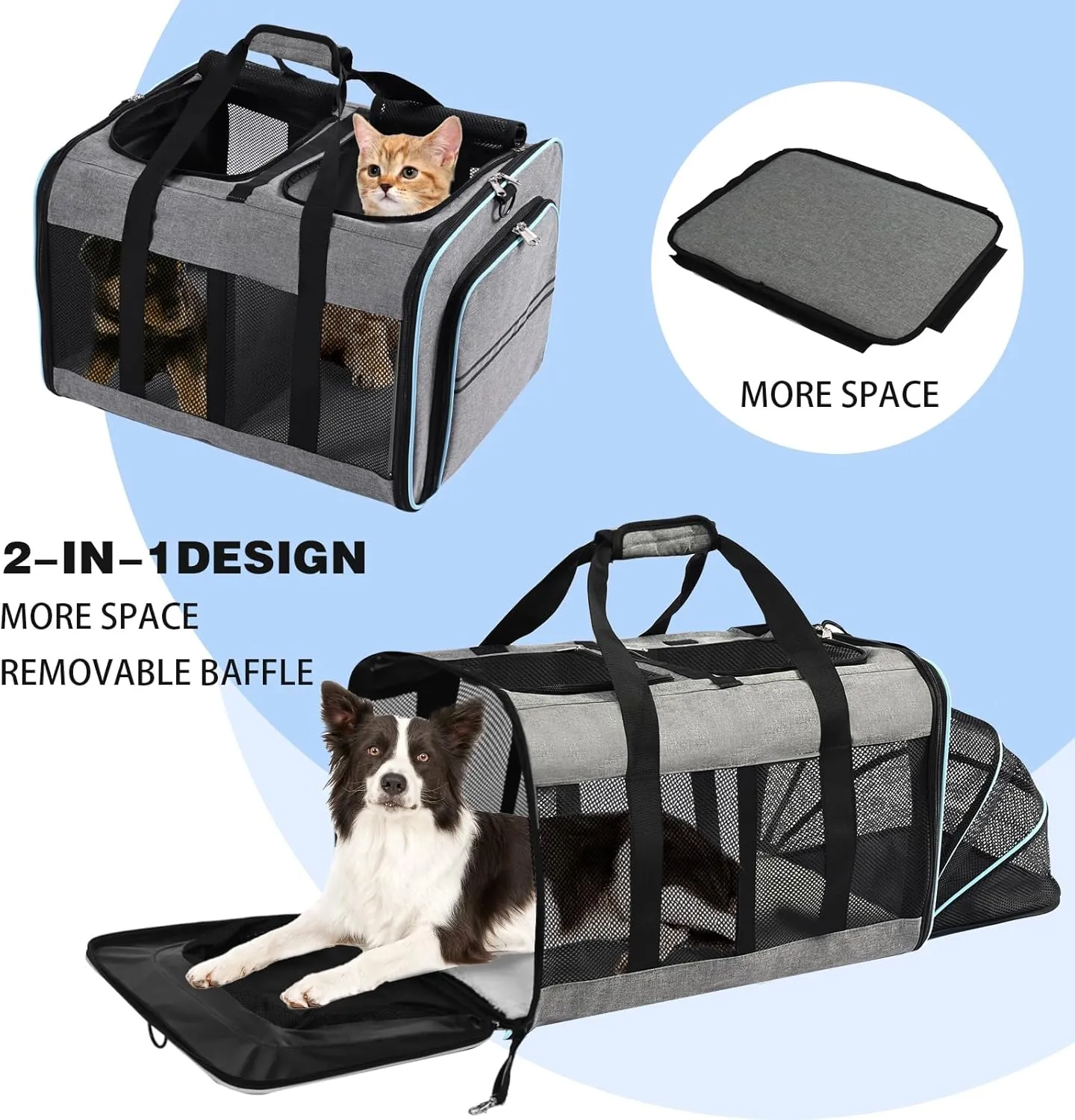 Portable 2-in-1 Pet Carrier,Double Compartment Cat & Dog Carrier for 2 Cats,Expandable Medium Dogs Large Cat Carrier with Sturdy Base,Breathable,Good for Traveling Walking Camping（Blue）
