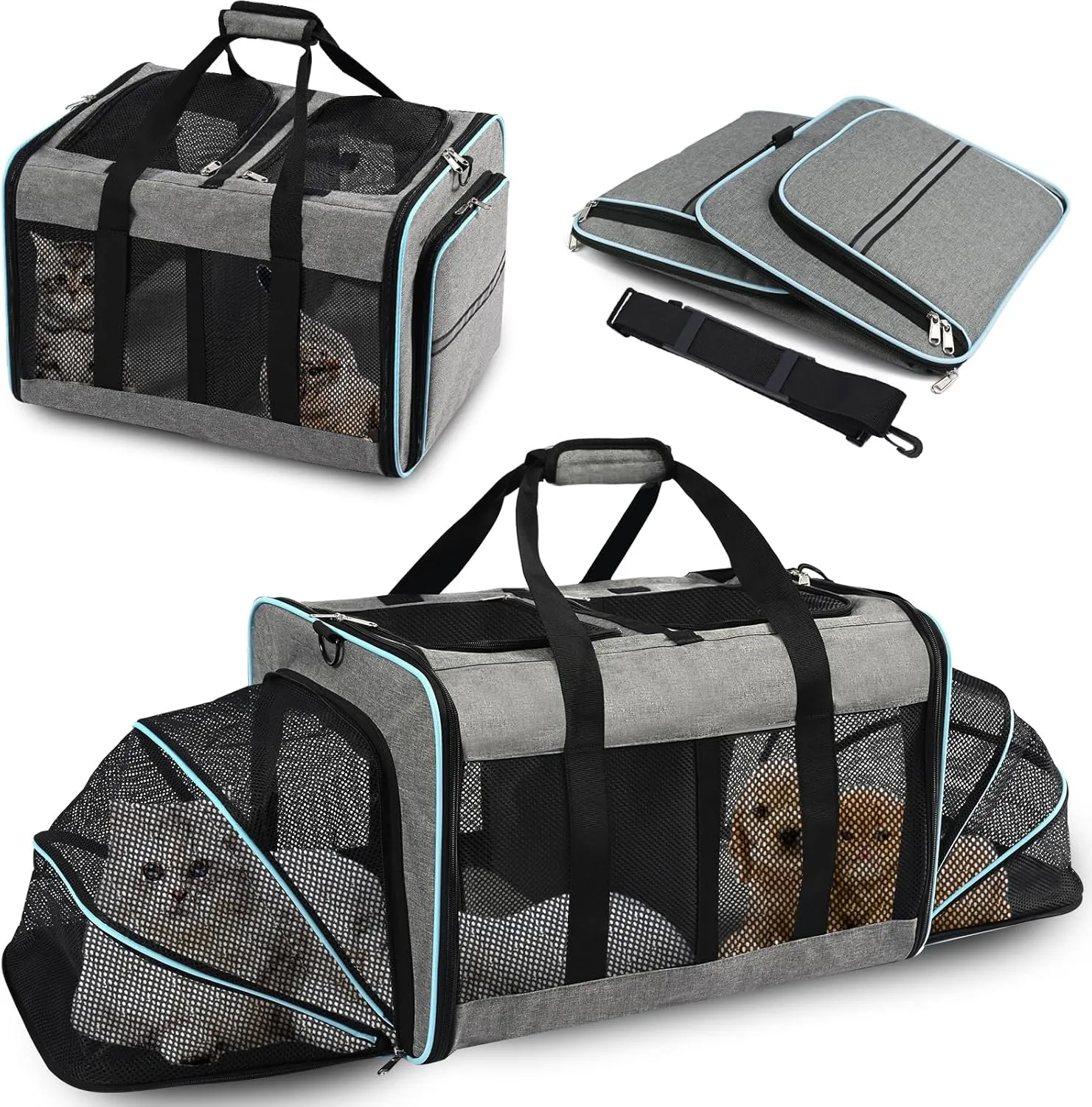 Portable 2-in-1 Pet Carrier,Double Compartment Cat & Dog Carrier for 2 Cats,Expandable Medium Dogs Large Cat Carrier with Sturdy Base,Breathable,Good for Traveling Walking Camping（Blue）