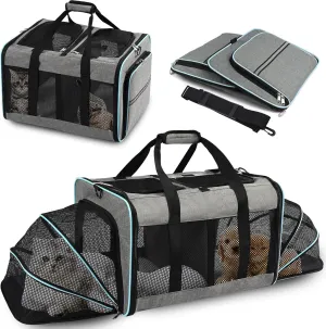 Portable 2-in-1 Pet Carrier,Double Compartment Cat & Dog Carrier for 2 Cats,Expandable Medium Dogs Large Cat Carrier with Sturdy Base,Breathable,Good for Traveling Walking Camping（Blue）