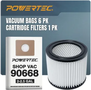 POWERTEC 90668 Shop Vacuum Bags 6PK & 90398 Cartridge Filter 1PK, for Shop Vac 9066800 Type B 2-2.5 Gallon Filter Bag/Type AA Filter, fits Most 4 Gallon and Less Wet/Dry Vacuum Cleaners (75108)