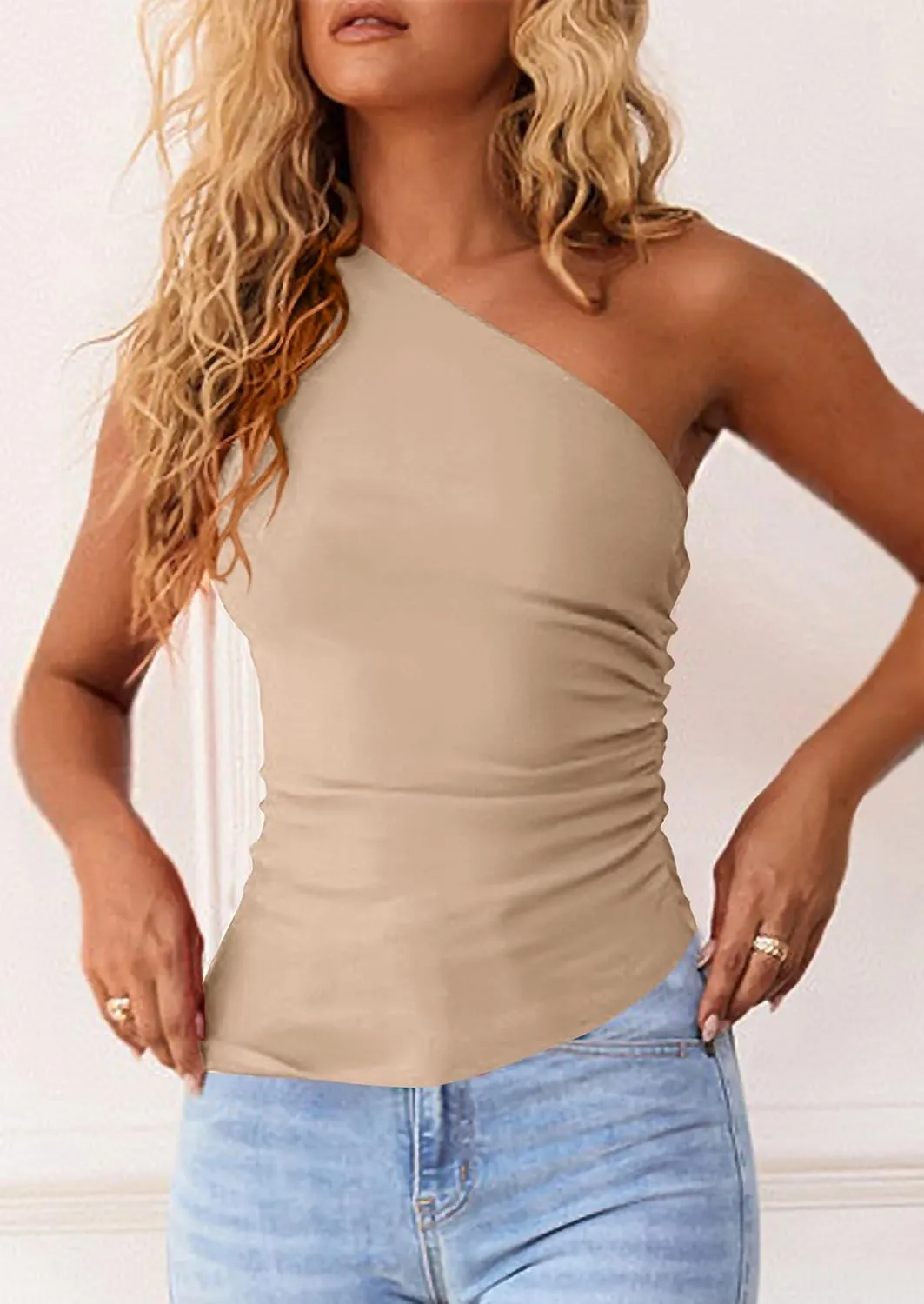 PRETTYGARDEN Womens 2025 Summer Y2K Tops Sleeveless One Shoulder Slim Fit Shirts Ruched Knit Asymmetrical Top Blouse