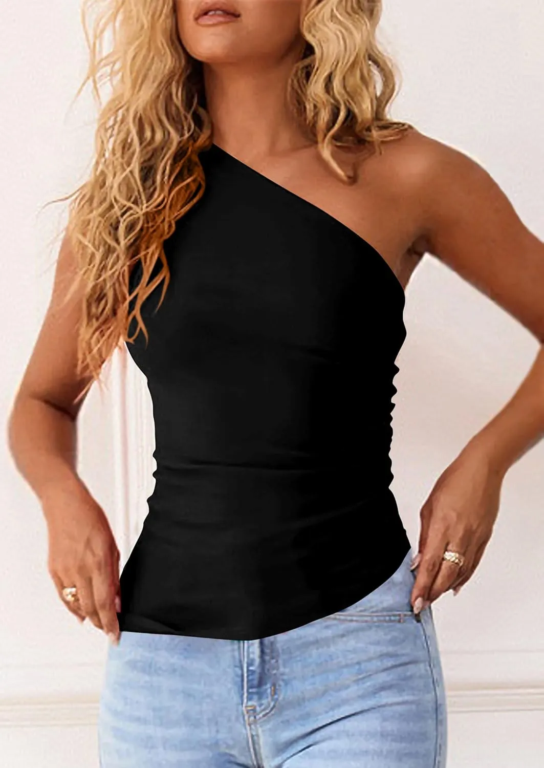 PRETTYGARDEN Womens 2025 Summer Y2K Tops Sleeveless One Shoulder Slim Fit Shirts Ruched Knit Asymmetrical Top Blouse