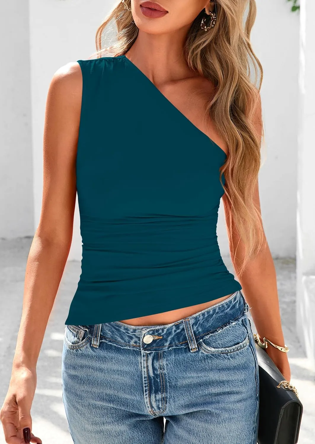 PRETTYGARDEN Womens 2025 Summer Y2K Tops Sleeveless One Shoulder Slim Fit Shirts Ruched Knit Asymmetrical Top Blouse