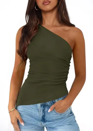 PRETTYGARDEN Womens 2025 Summer Y2K Tops Sleeveless One Shoulder Slim Fit Shirts Ruched Knit Asymmetrical Top Blouse
