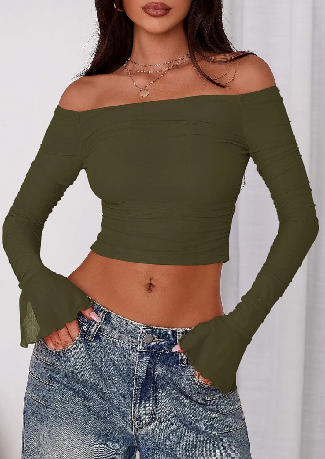 PRETTYGARDEN Womens Long Sleeve T Shirts Casual Off Shoulder Ruched Mesh Slim Fit Crop Tops Going Out Summer Blouses