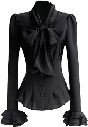 PrettyGuide Women Ruffle Victorian Blouse 50's Retro Silky Bow Tie Steampunk Shirts Tops