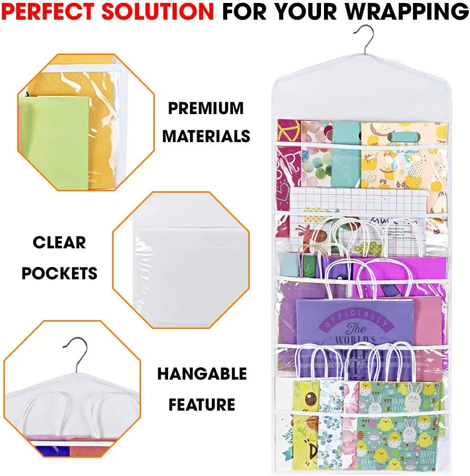 Primode Gift Bag and Tissue Paper Storage, Hanging Organizer with Multiple Front and Back Pockets Double Sided, Organize Gift Wrap and Paper Bags 38 x 16 Inch (White)