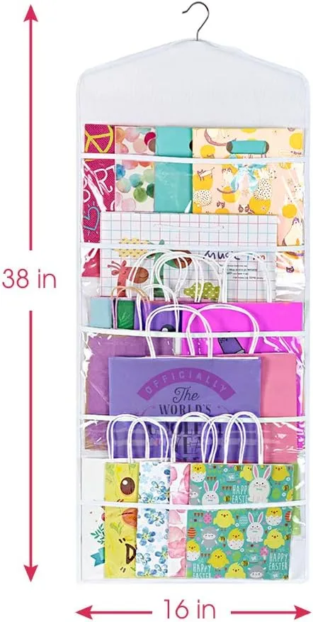 Primode Gift Bag and Tissue Paper Storage, Hanging Organizer with Multiple Front and Back Pockets Double Sided, Organize Gift Wrap and Paper Bags 38 x 16 Inch (White)