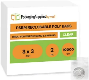 PSBM 3 Inch x 3 Inch Zipper Bags, 10000 Count 2 Mil Clear Reclosable Zip Poly Plastic Parts Bags, Lightweight & Durable for storage and organization