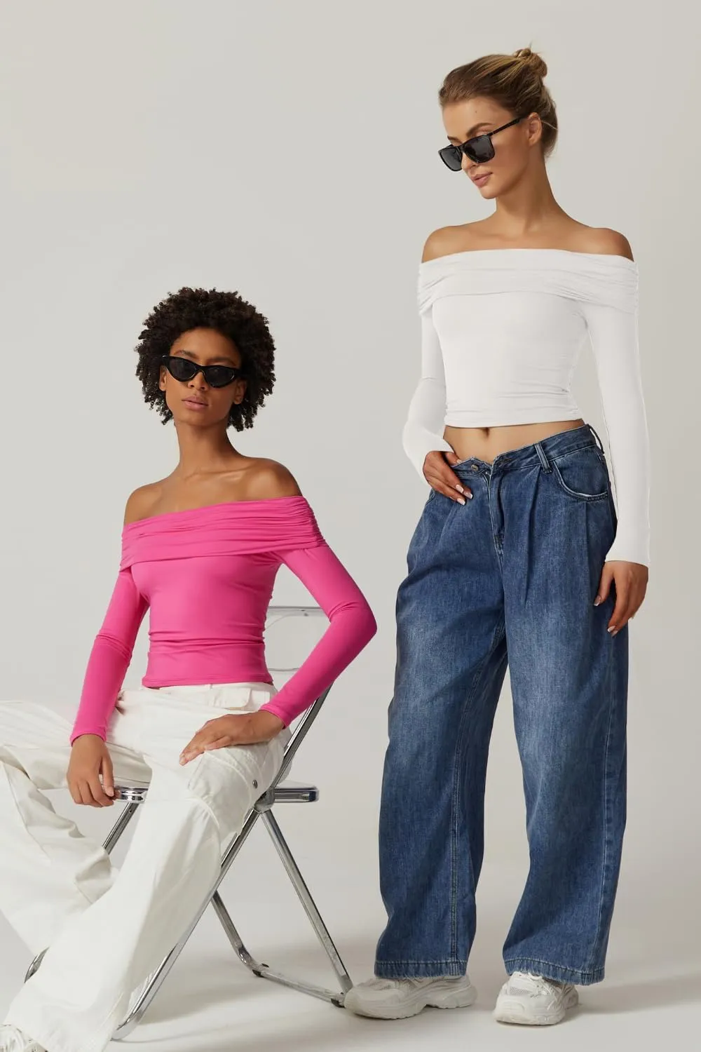 QINSEN Womens Off The Shoulder Tops Double Lined Long Sleeve T Shirts Slim Fitted Stretchy Crop Top