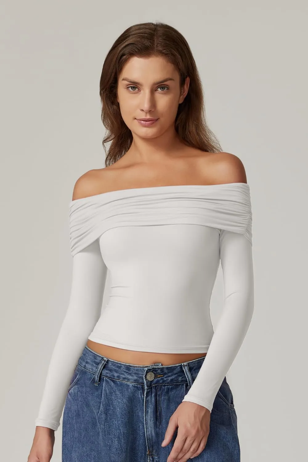 QINSEN Womens Off The Shoulder Tops Double Lined Long Sleeve T Shirts Slim Fitted Stretchy Crop Top