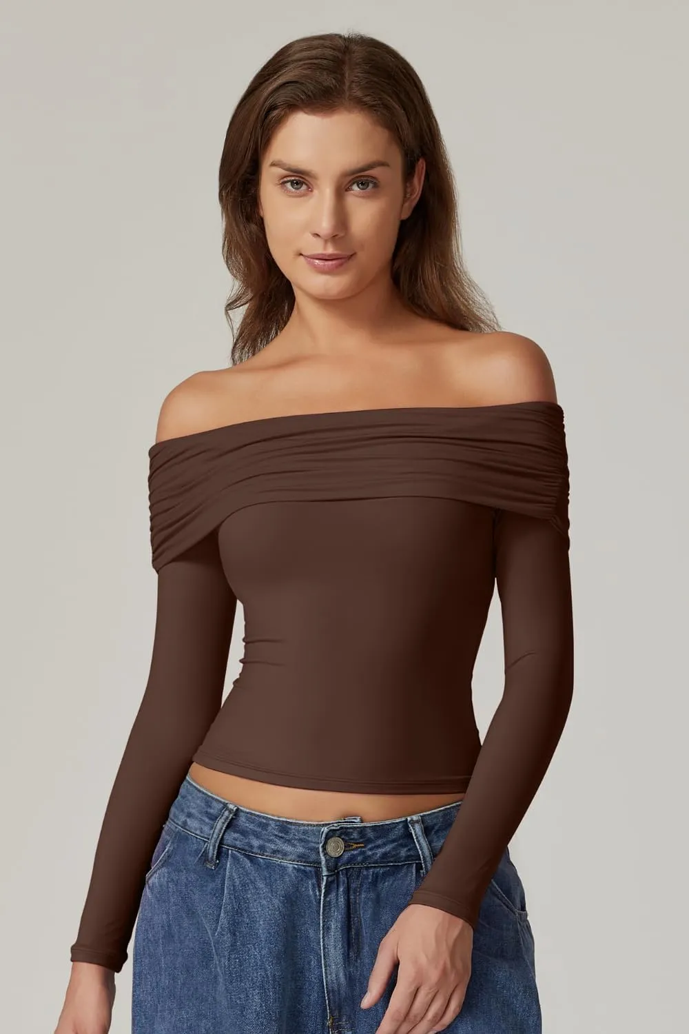 QINSEN Womens Off The Shoulder Tops Double Lined Long Sleeve T Shirts Slim Fitted Stretchy Crop Top