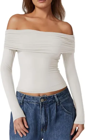 QINSEN Womens Off The Shoulder Tops Double Lined Long Sleeve T Shirts Slim Fitted Stretchy Crop Top