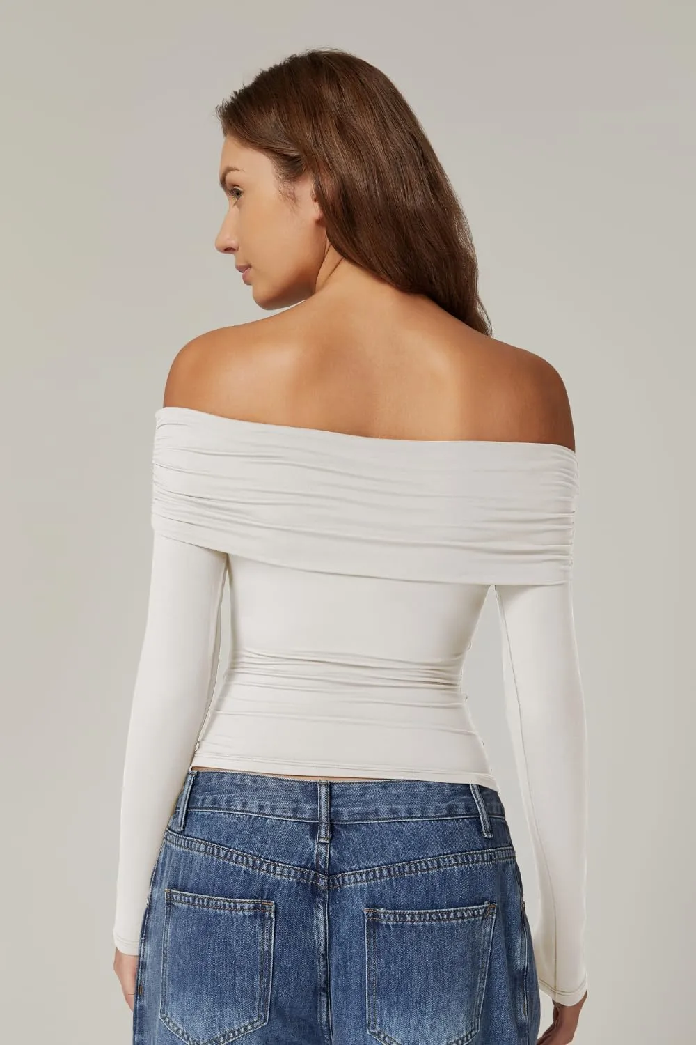 QINSEN Womens Off The Shoulder Tops Double Lined Long Sleeve T Shirts Slim Fitted Stretchy Crop Top