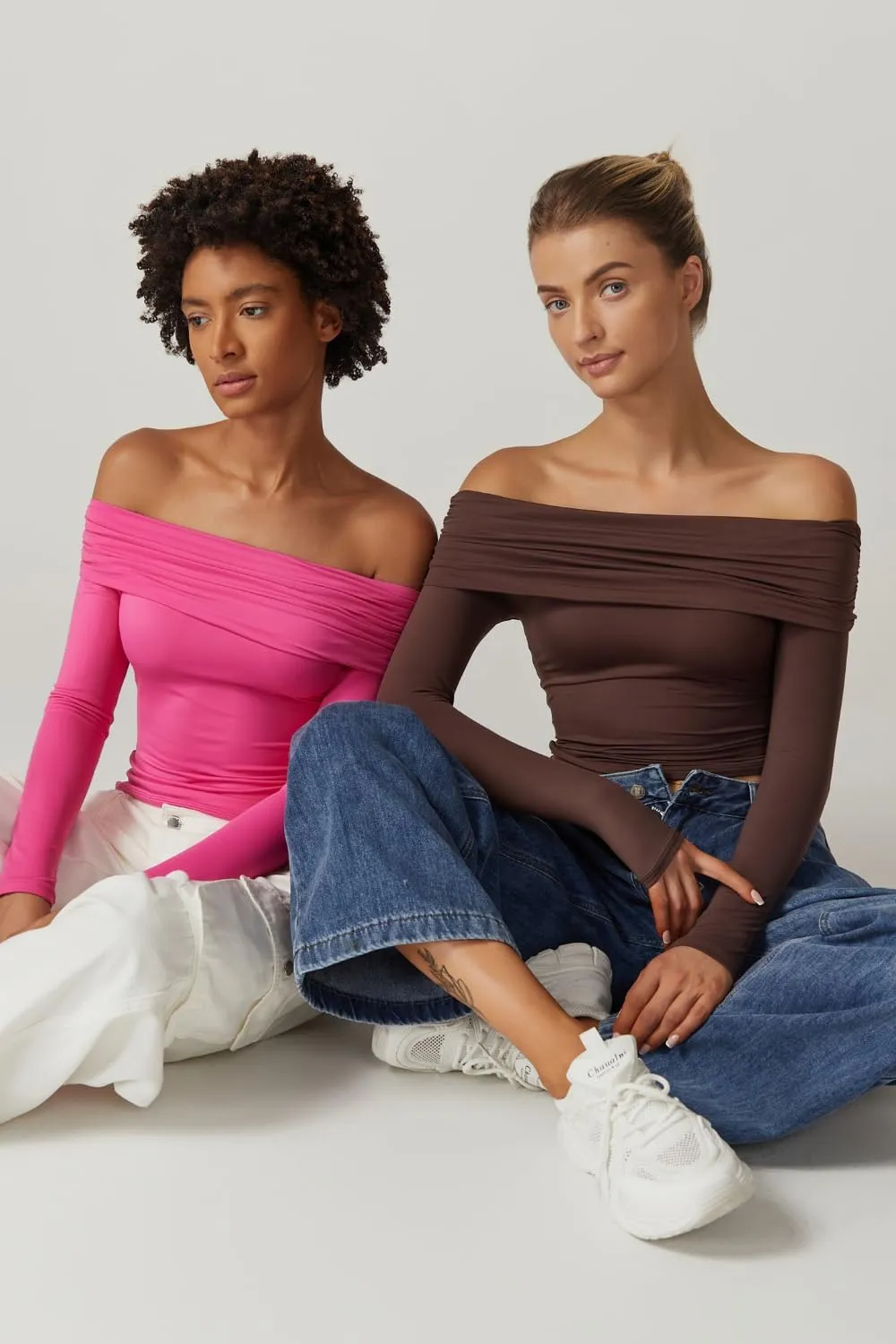 QINSEN Womens Off The Shoulder Tops Double Lined Long Sleeve T Shirts Slim Fitted Stretchy Crop Top