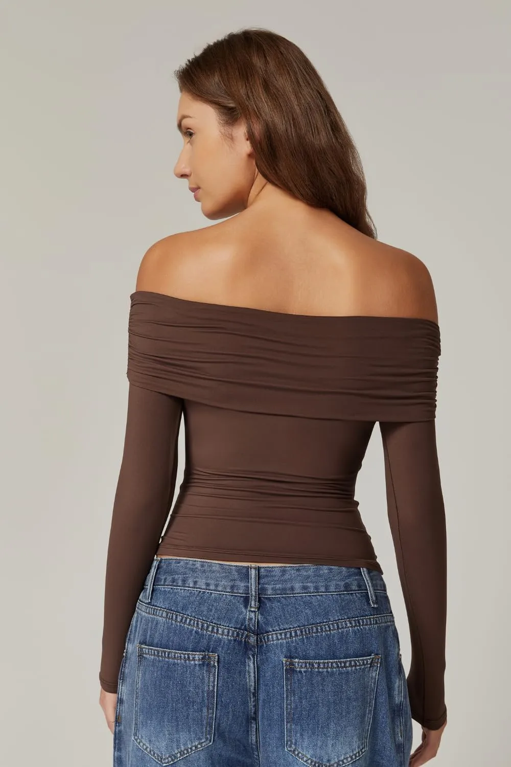 QINSEN Womens Off The Shoulder Tops Double Lined Long Sleeve T Shirts Slim Fitted Stretchy Crop Top