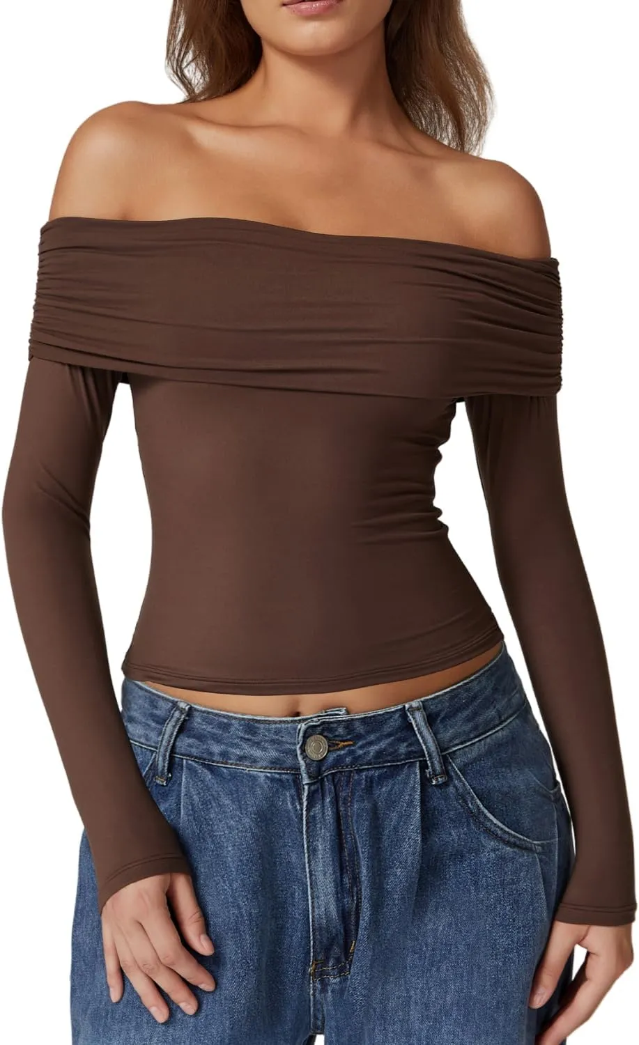 QINSEN Womens Off The Shoulder Tops Double Lined Long Sleeve T Shirts Slim Fitted Stretchy Crop Top