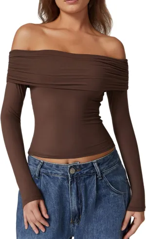 QINSEN Womens Off The Shoulder Tops Double Lined Long Sleeve T Shirts Slim Fitted Stretchy Crop Top