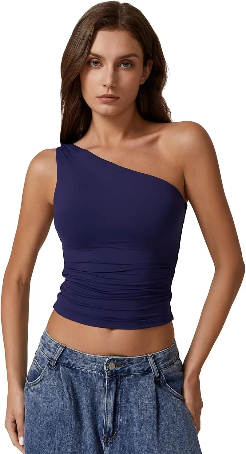 QINSEN Women's One Shoulder Tank Tops Double Lined Sleeveless Slim Fit Cropped Tee Shirt Y2k Tops