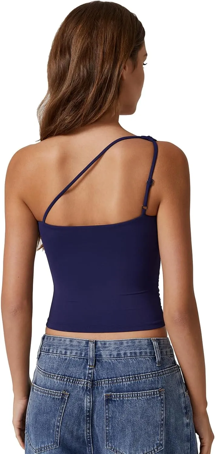 QINSEN Women's One Shoulder Tank Tops Double Lined Sleeveless Slim Fit Cropped Tee Shirt Y2k Tops