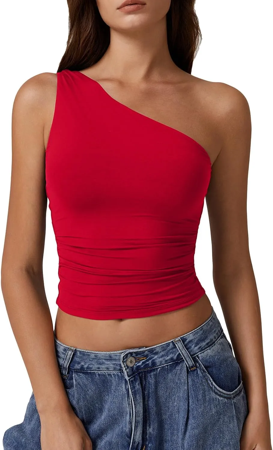QINSEN Women's One Shoulder Tank Tops Double Lined Sleeveless Slim Fit Cropped Tee Shirt Y2k Tops