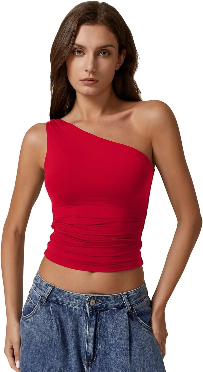 QINSEN Women's One Shoulder Tank Tops Double Lined Sleeveless Slim Fit Cropped Tee Shirt Y2k Tops