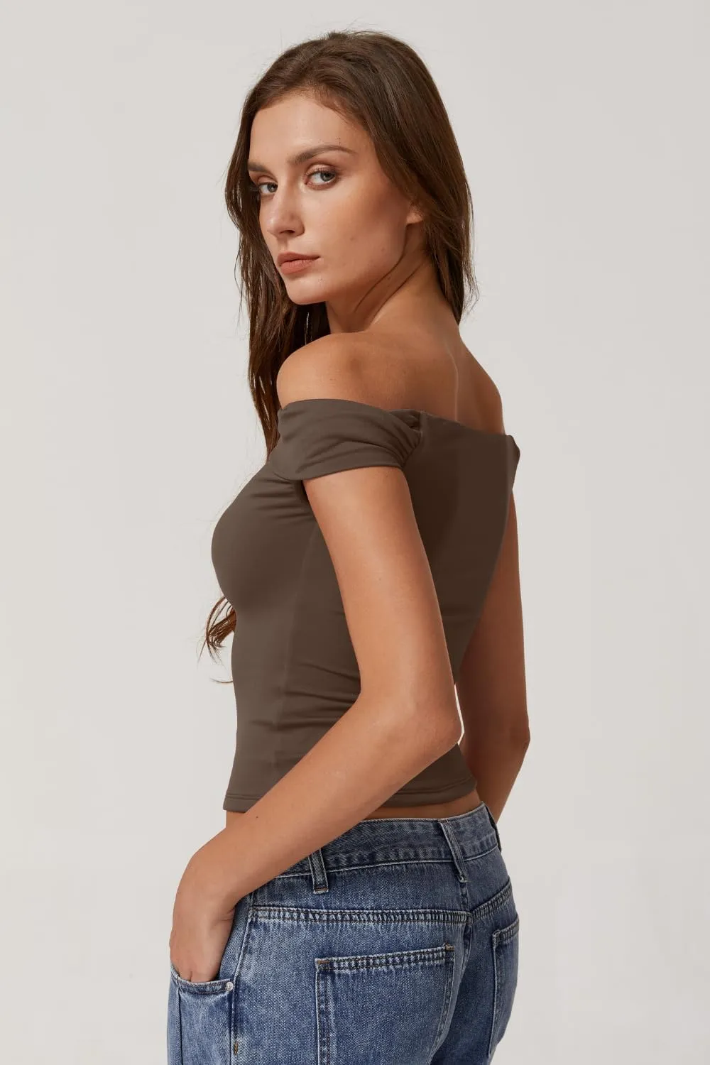 QINSEN Womens Twisted Off The Shoulder Tops Double Lined Short Sleeve T Shirts Slim Fitted Stretchy Tee