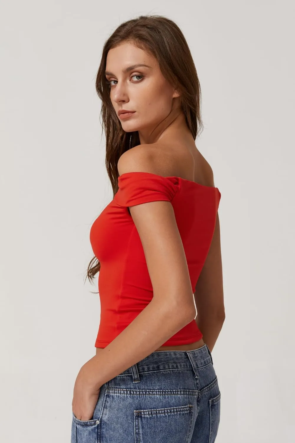 QINSEN Womens Twisted Off The Shoulder Tops Double Lined Short Sleeve T Shirts Slim Fitted Stretchy Tee