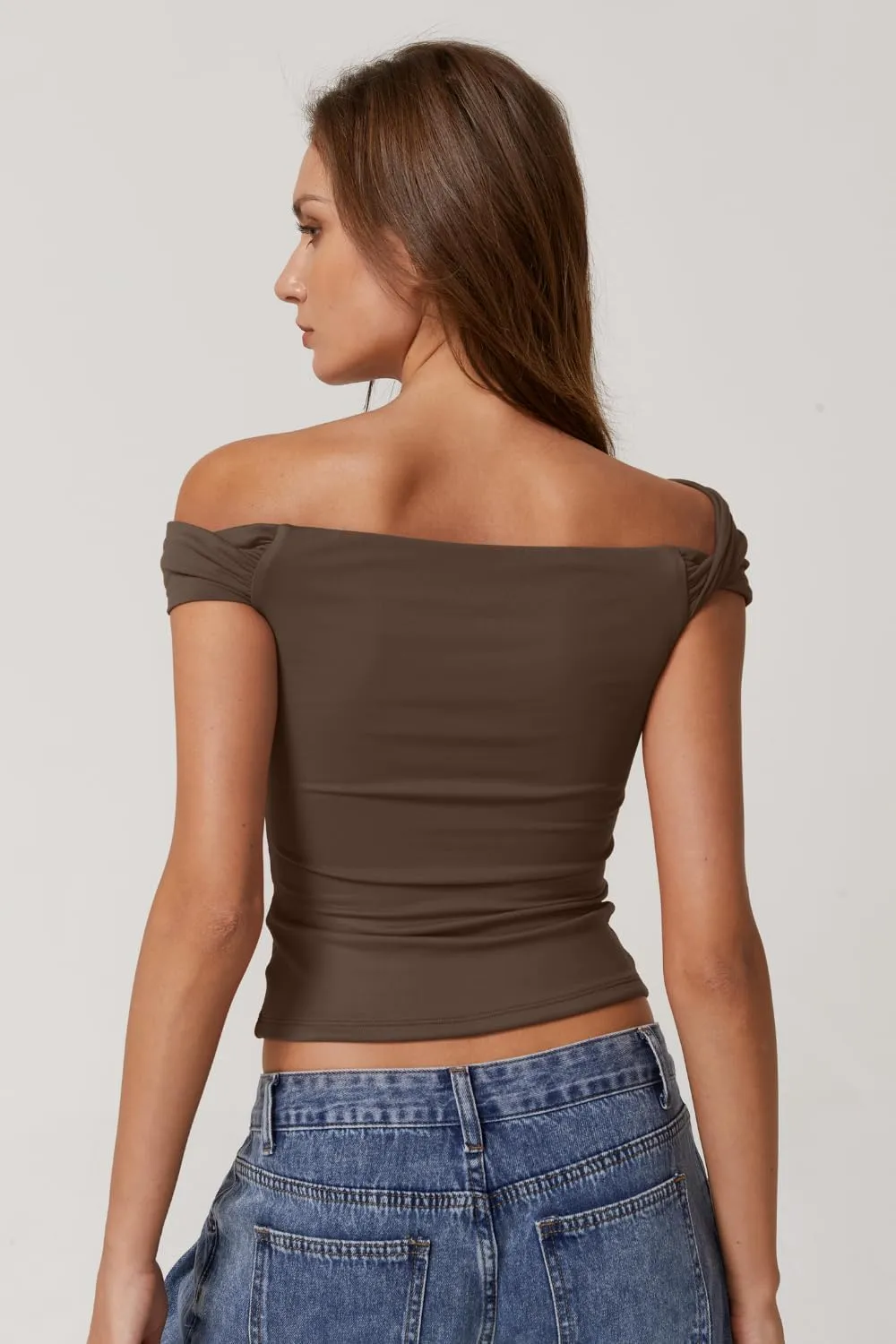 QINSEN Womens Twisted Off The Shoulder Tops Double Lined Short Sleeve T Shirts Slim Fitted Stretchy Tee