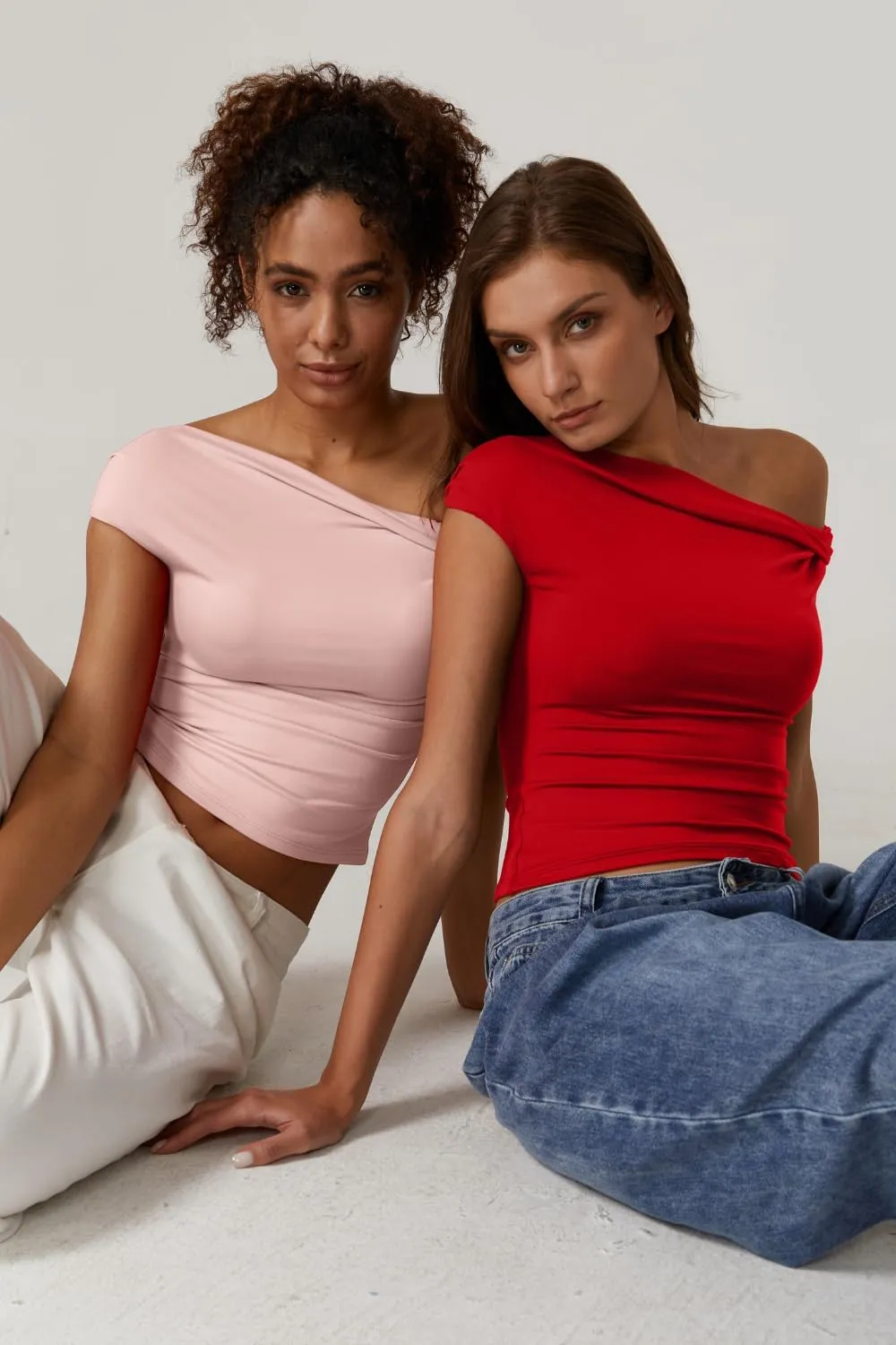 QINSEN Womens Twisted Off The Shoulder Tops Double Lined Short Sleeve T Shirts Slim Fitted Stretchy Tee
