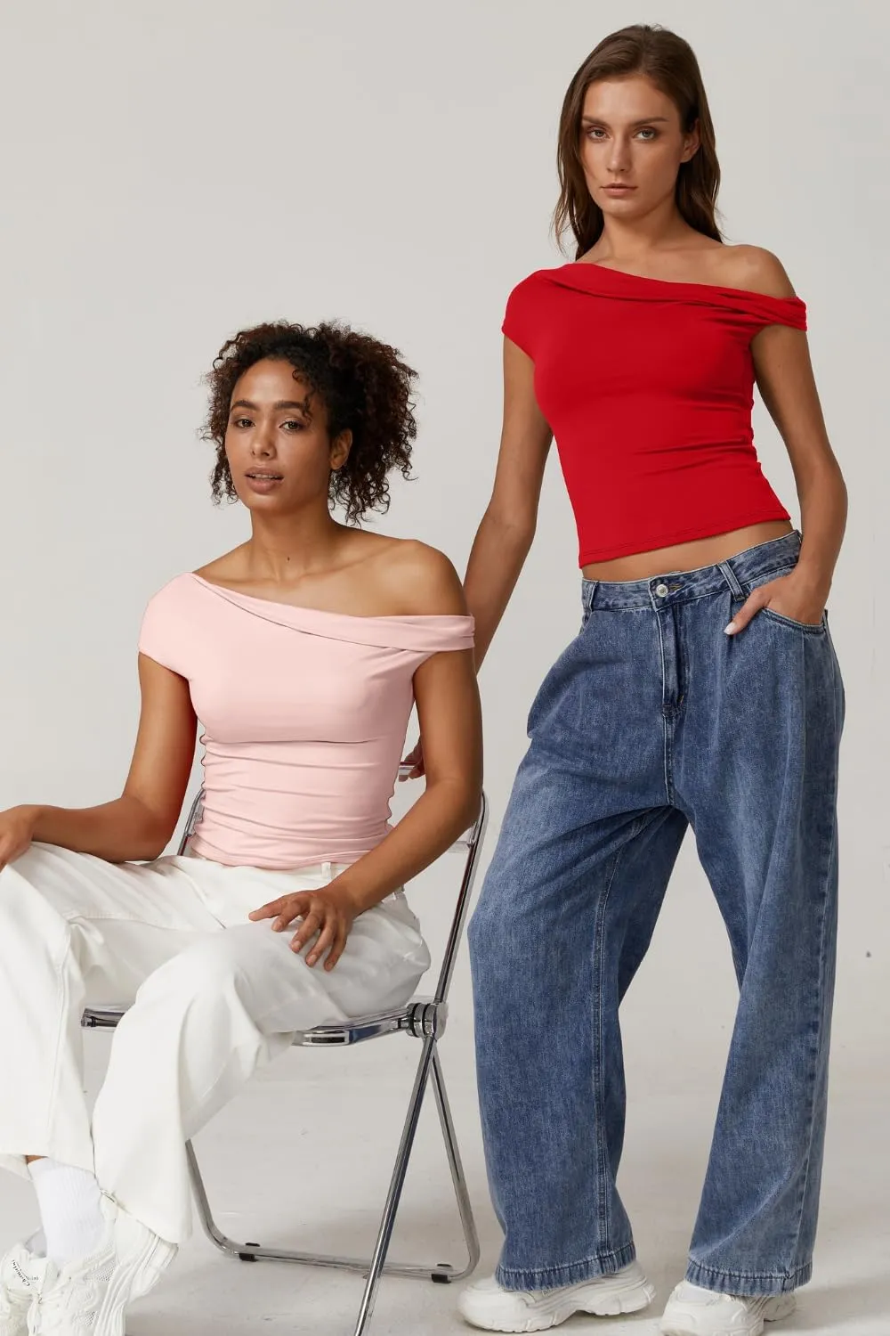 QINSEN Womens Twisted Off The Shoulder Tops Double Lined Short Sleeve T Shirts Slim Fitted Stretchy Tee