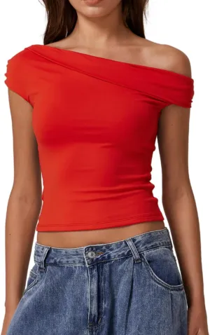 QINSEN Womens Twisted Off The Shoulder Tops Double Lined Short Sleeve T Shirts Slim Fitted Stretchy Tee